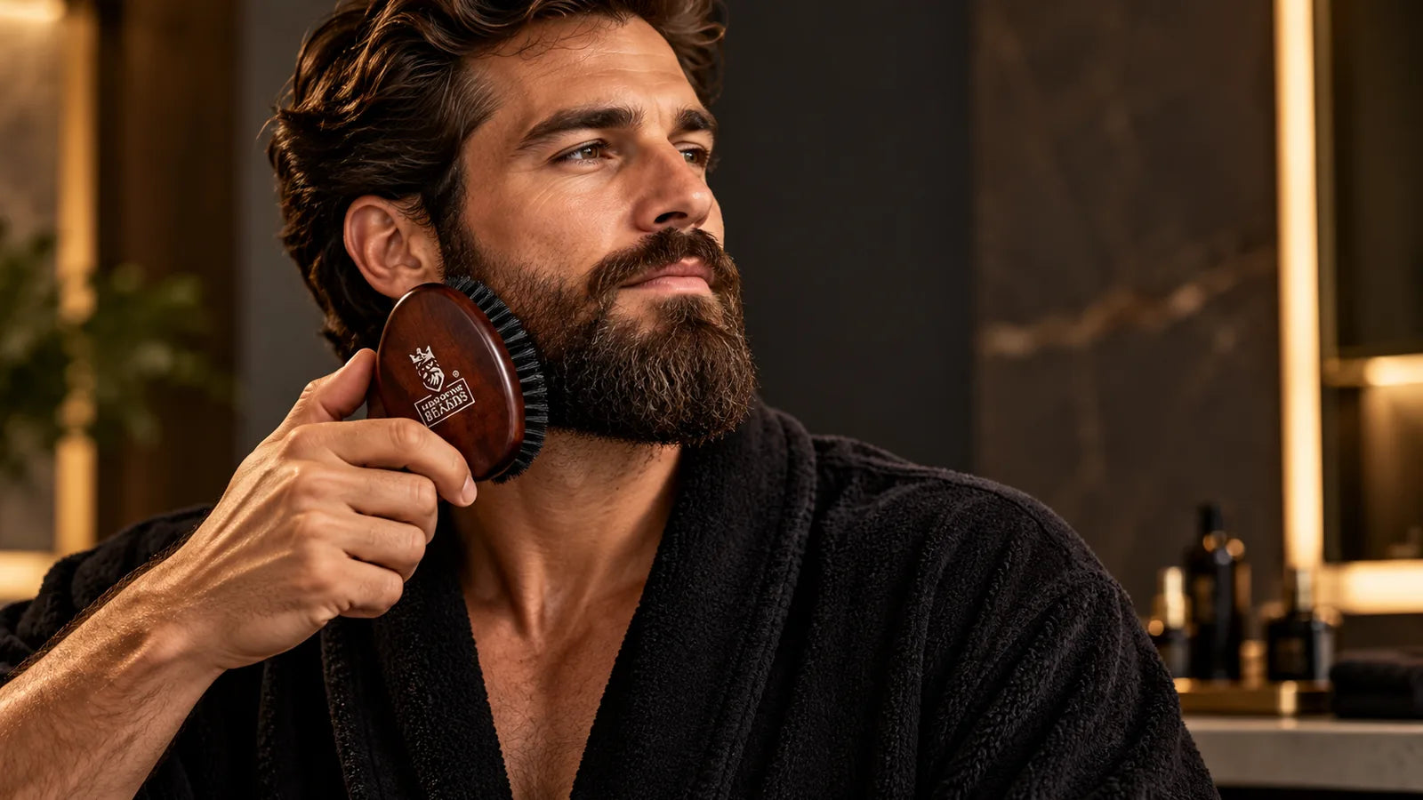 Man grooming his beard with the Lord of the Beards Premium Beard Brush