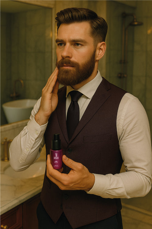 Man in a suit holding a grooming product in a bathroom